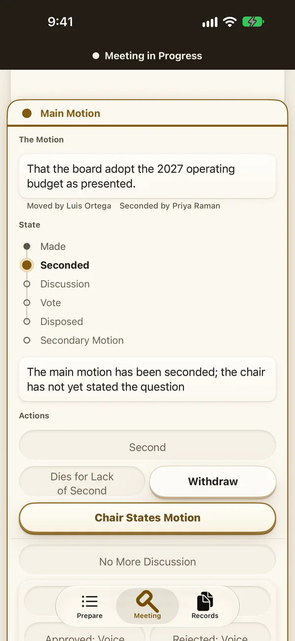 A board’s main motion, moved and seconded. The next step, for the chair to state it, is highlighted; moves that aren’t in order are dimmed.