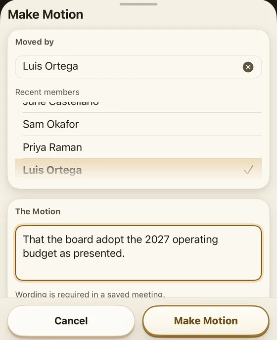 The Make Motion sheet: moved by Luis Ortega, ‘That the board adopt the 2027 operating budget as presented.’
