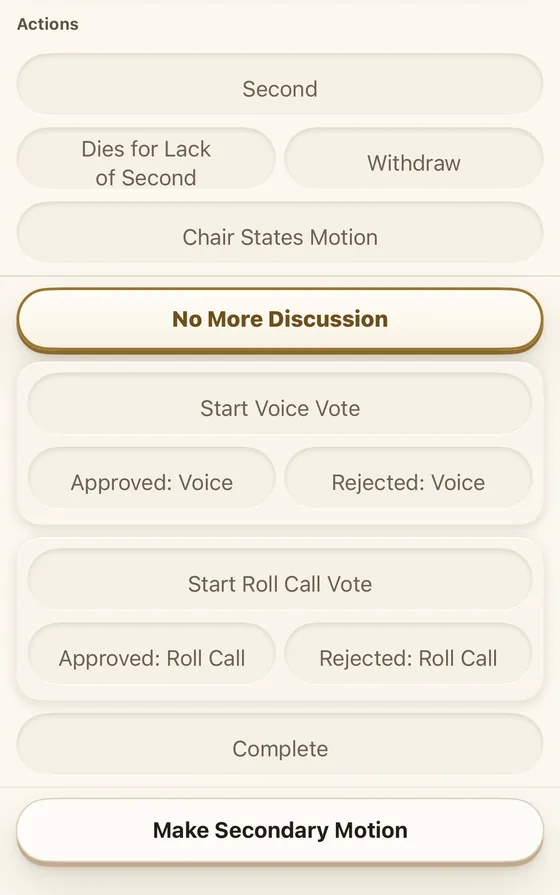 The motion’s buttons: the next step highlighted, the other move in order raised, and the moves out of order dimmed.