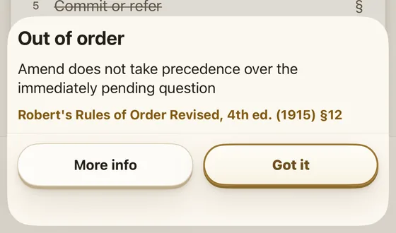 Out of order: the reason in plain words, with the section it rests on.